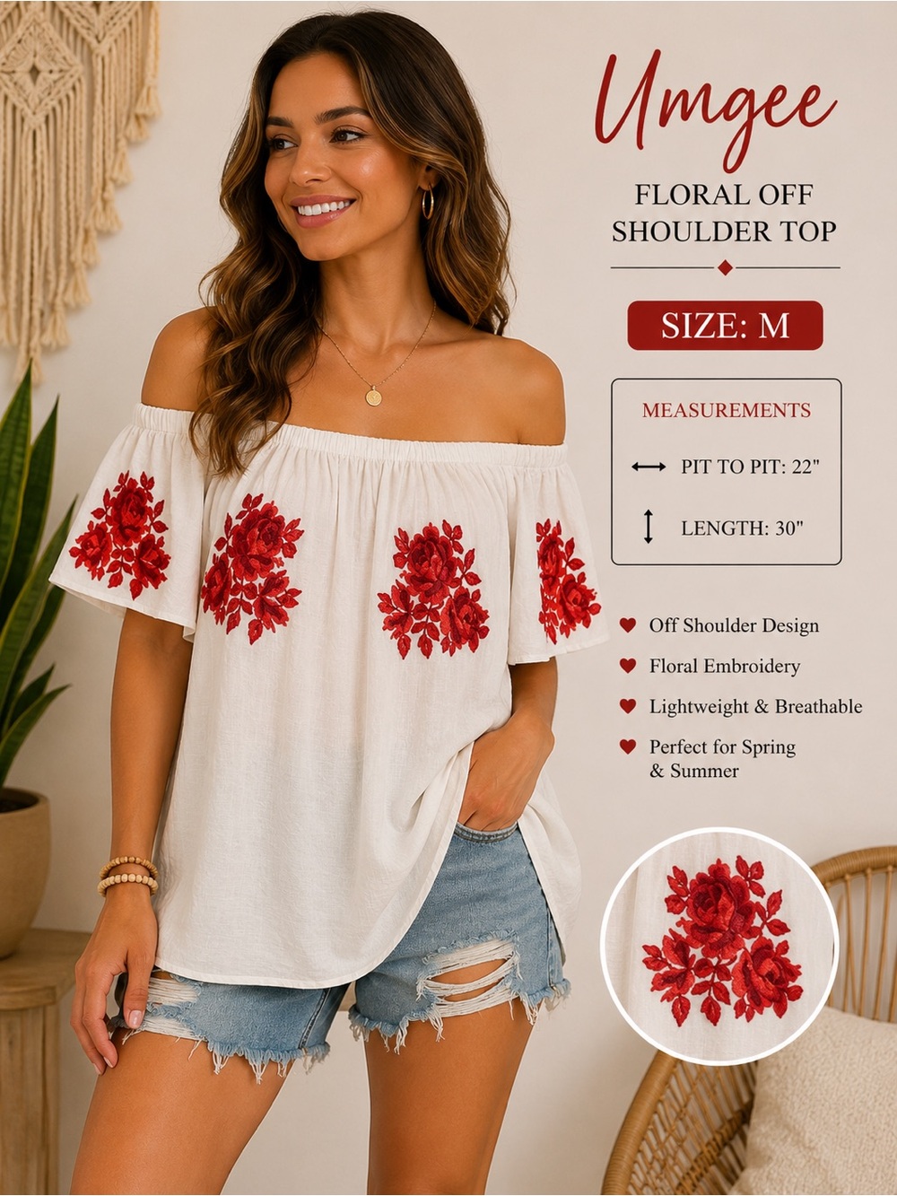Umgee White Off-Shoulder Tunic with Red Floral Embroidery
